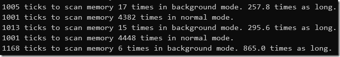 Screenshot of command-prompt output from BackgroundBegin.exe showing normal mode scanning memory ~4400 times per second, while background mode does it 6-17 times
